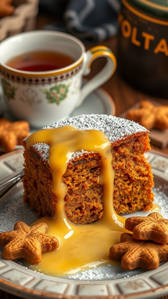 Slice of gingerbread cake with butter sauce on plate beside a cup of tea.